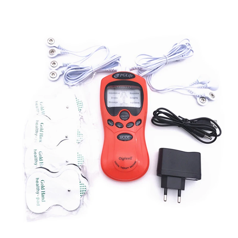 

Red Health Care Dual Output Electric Massager TENS Pulse Therapy Relax Pain Relief Muscle Electro Stimulator + 8 Electrode Pads