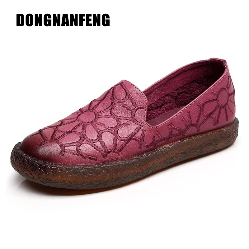 

DONGNANFENG Women Mother Female Cow Genuine Leather Spring Vintage Loafers Slip On Round Gum Rubber Superstar Retro 35-40 YY-1