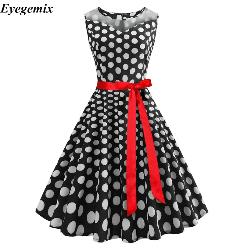 ShejoinSheenjoy Retro Black Dot Short Sleeve Dress Hepburn O-Neck with Belt Bow Dresses Party Elegance Pretty 2XL Sundress (4)