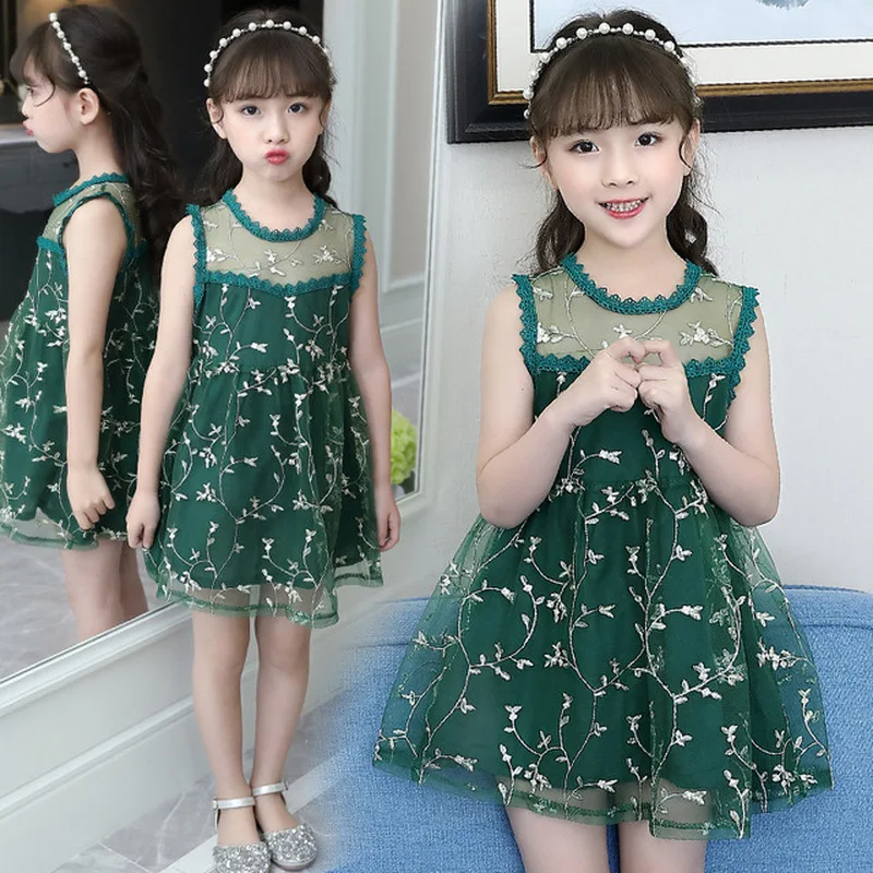 

summer new girls princess dress flower embroidery children's dress mesh sleeveless children's clothes girls dresses 2019