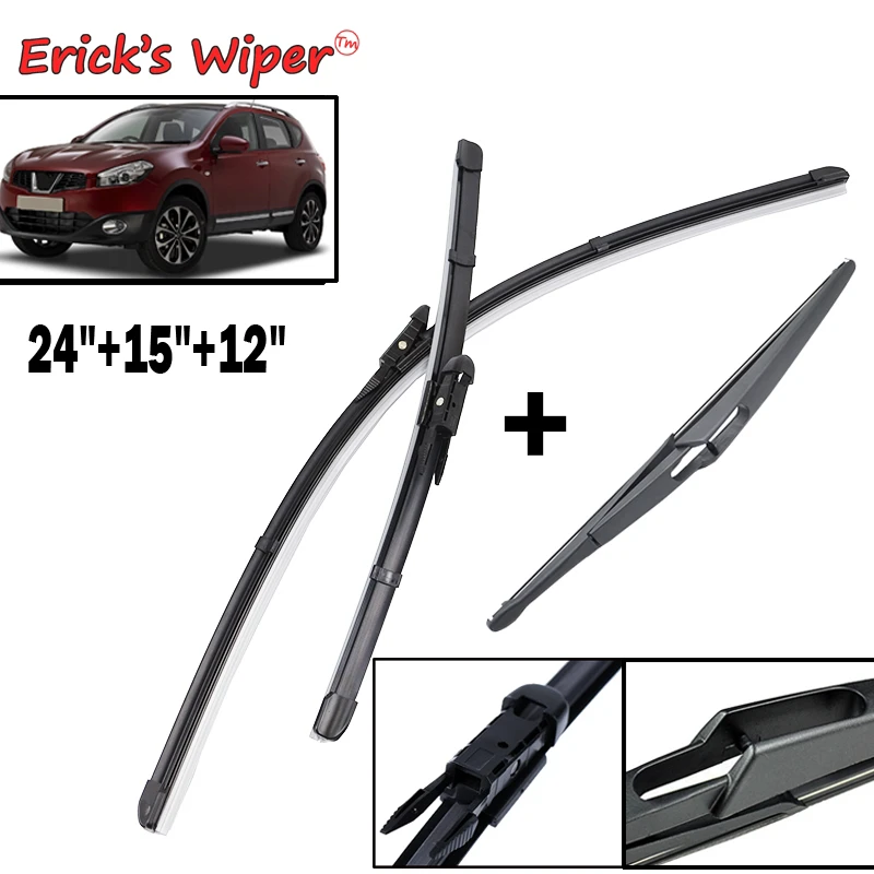 Erick's Wiper Front & Rear Wiper Blades Set For Nissan Qashqai J10 2006-2013 Windshield Windscreen Front Rear Window 24"+15"+12" auto glass