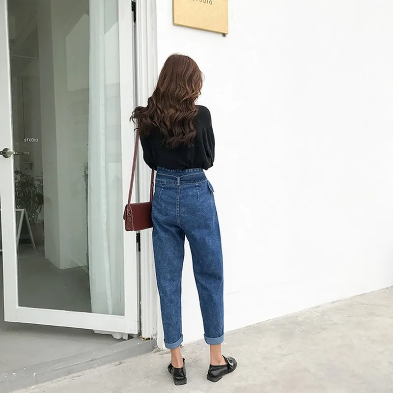 Boyfriend Jeans For Women Fashion Loose Women Jeans With High Waist Personality Asymmetrical Belt Vintage Denim Pants