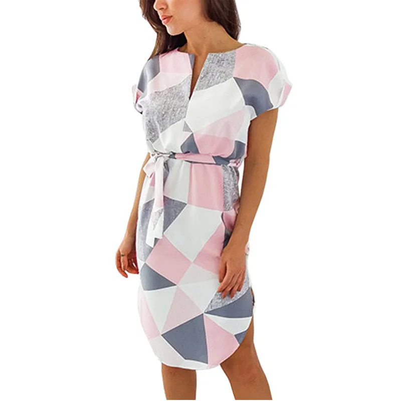 

2019 Geometric Print Dress Batwing Short Sleeve Summer Women Beach Sundress Leisure Bandage Bodycon Dress Casual Midi Dress