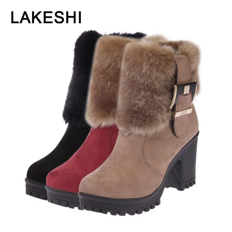 

LAKESHI Ankle Boots For Women 2018 New Women Boots Winter Warm Fur Boots Women's Suede Snow Boots Thick High Heel Round Toe