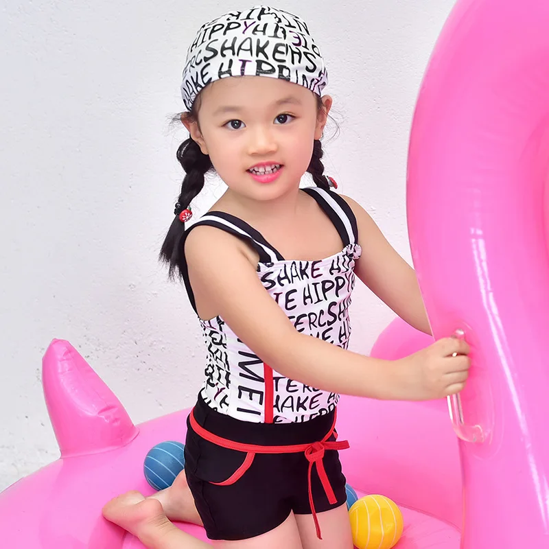 

Letter Cute Girls Bikini Halter Swimwear Children Print Swimsuit Kids Bathing Suit Plus Size Beachwear Swimming Suit With Cap
