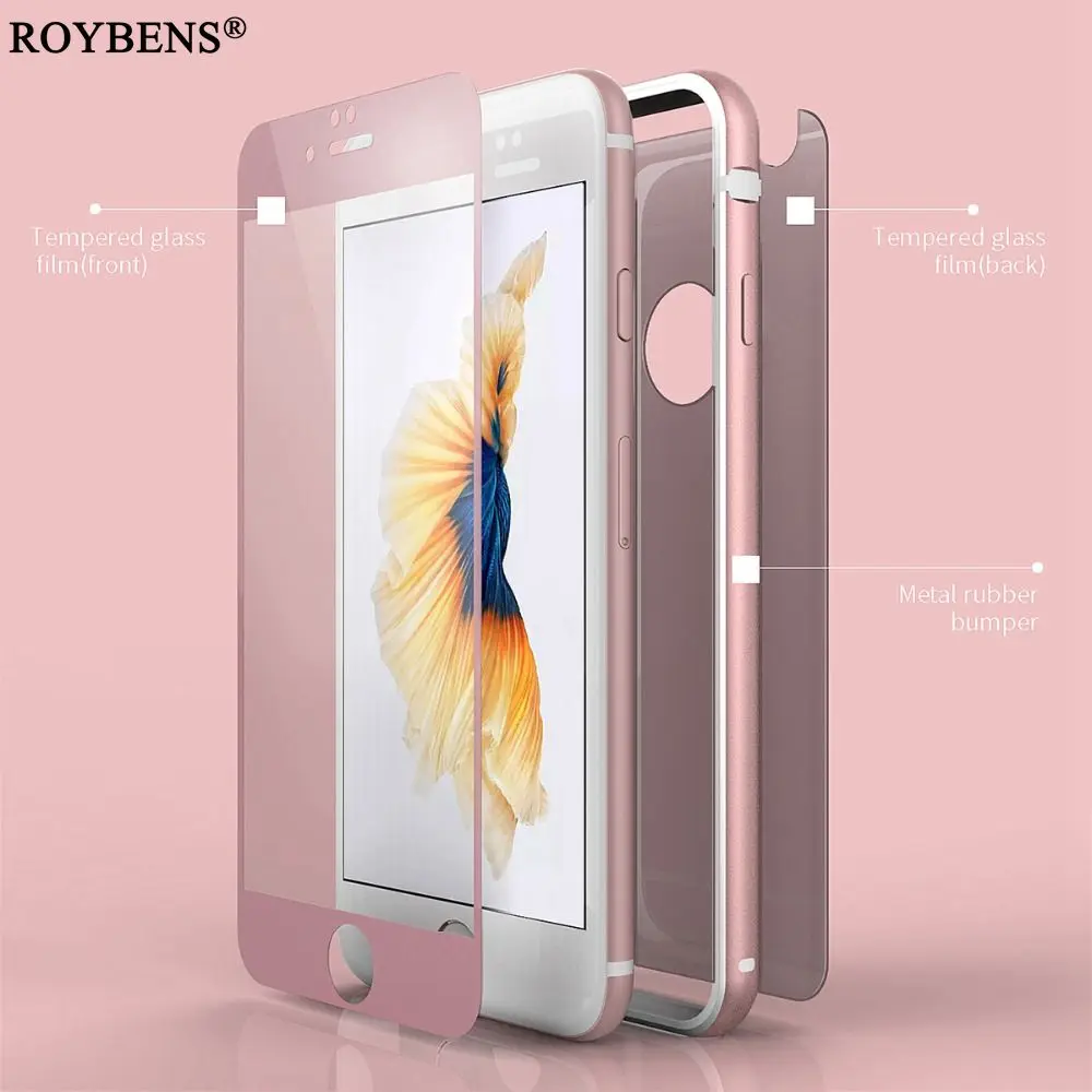 For iPhone 6 Case Luxury Rose Gold TPU Metal Bumpers + Back Front Glass Film 360 Degree Full Body Cover 6S Plus |