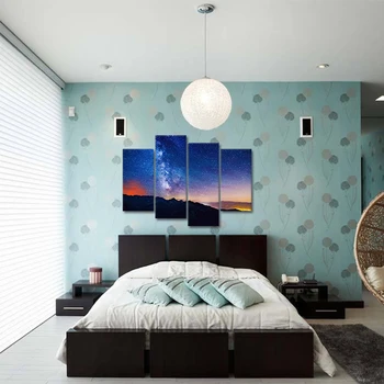 

Oil Painting 4 Panels Blue Charming Starry Sky Pattern Unframed Canvas Printed Oil Paintings Art Wall Murals Drawing