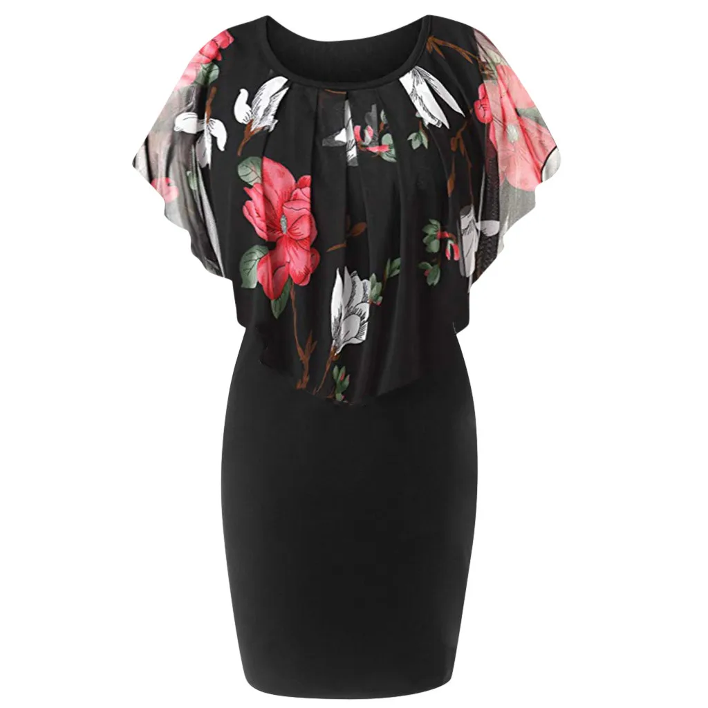 

Womens Printed Sleeveless Ruffles Mini Dress Daily Summer Ladies Plus Size Evening Party Rose Print O-Neck Mini Dress #LR3