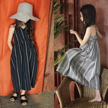 

Baby Girls Summer Dress 2020 New Children Clothes Linen Stripe Beach Kids Bohemian Sling Dress Mommy and Me Dress,#3833