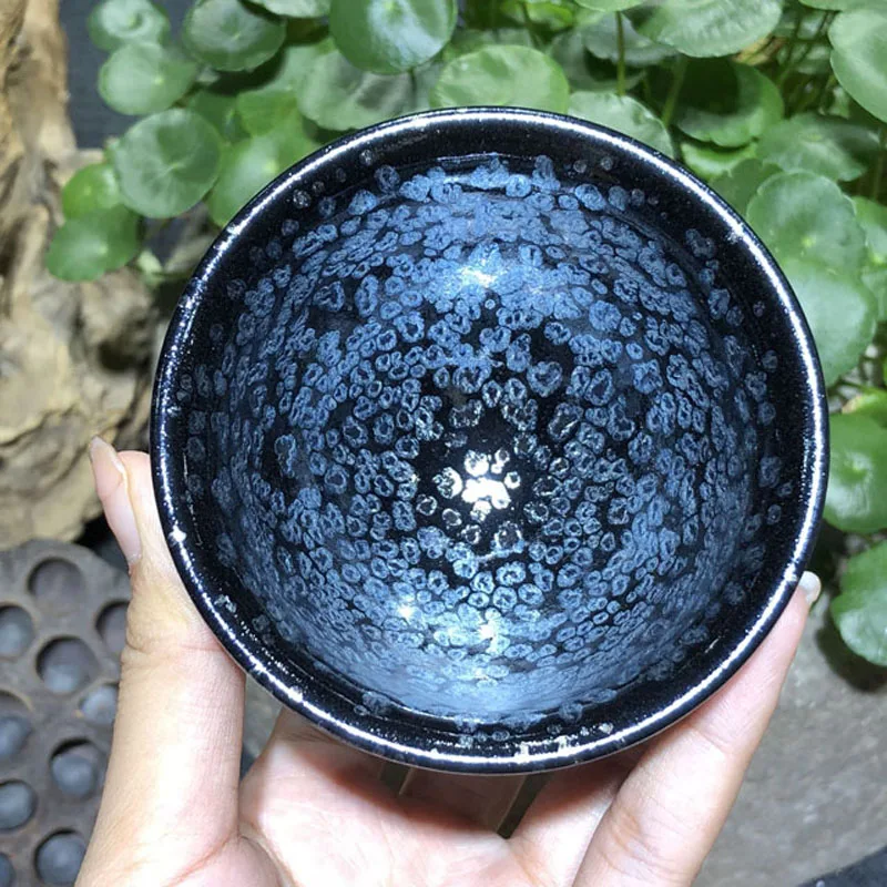 

Jianzhan Tenmoku Glaze Tea Cup Pottery Chawan Blue Rare Sky Eye Pattern Handmade Chinese Porcelain Best for Tea Ceremony