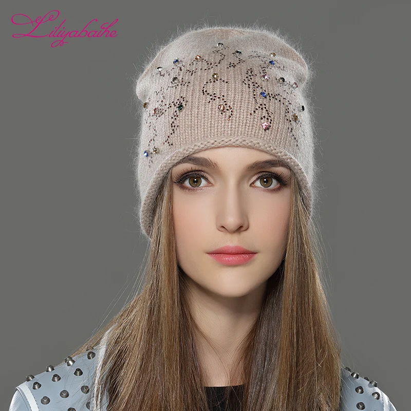 Goedkoop LILIYABAIHE Vrouwen Herfst En Winter Hoed angora Gebreide Skullies Mutsen Cap Klassieke kleur diamant decoratie hoeden voor Meisjes