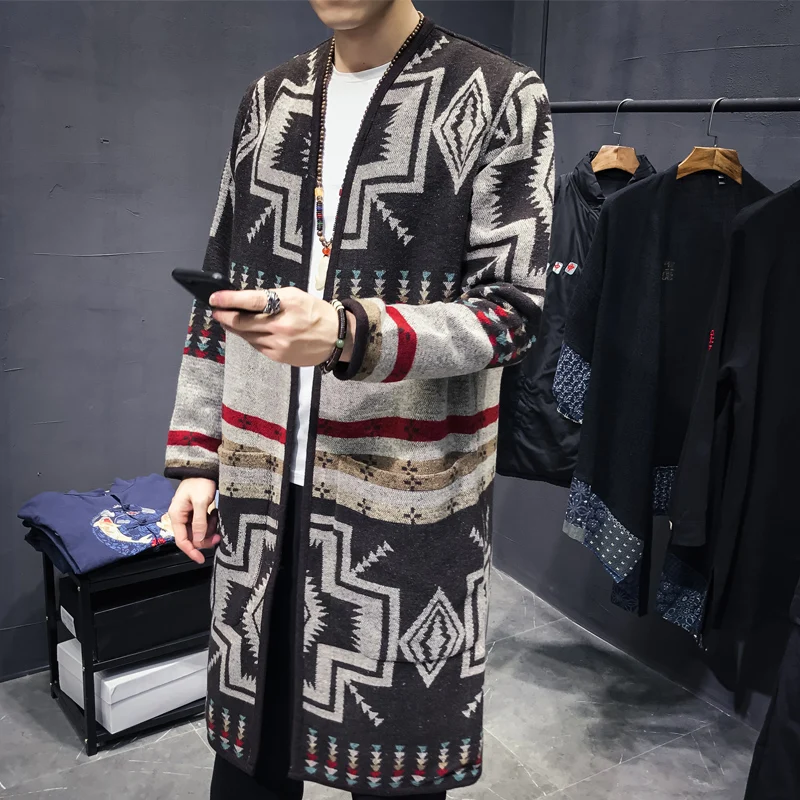Spring Thin Knitting Trench Mens Printed Pocket Open Stitch Straight Casual Pattern Mens Trench Fashion