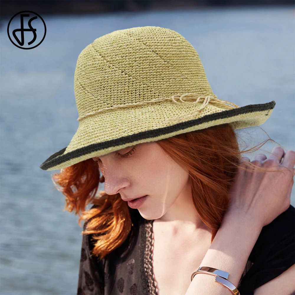 

FS Panama Hats Straw Fedora Sun Visor Caps For Women Elegant Patchwork Ladies Floppy Foldable Hat Outdoor Summer Beach Cap 2019