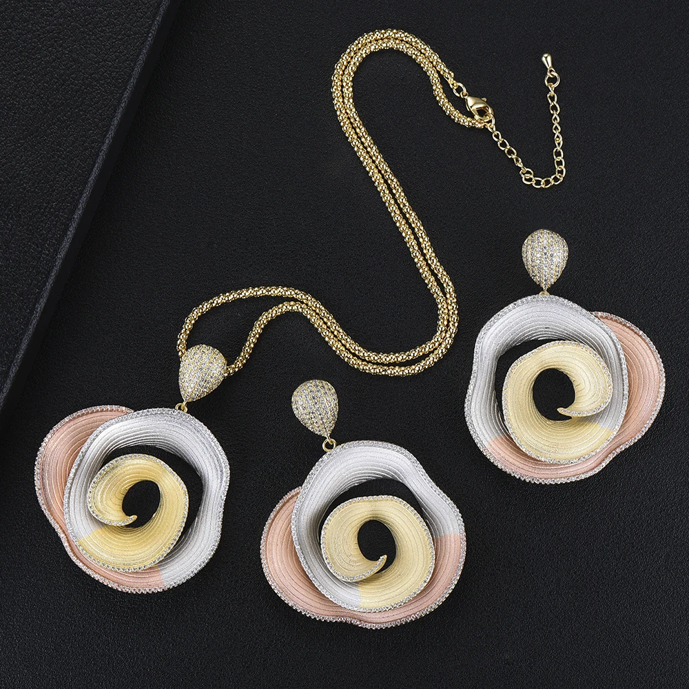 

Sweet Rose Flowers Pendant Chain Necklace Earrings Jewelry Set Full Micro Cubic Zirconia Paved Wedding Party Women Accessories