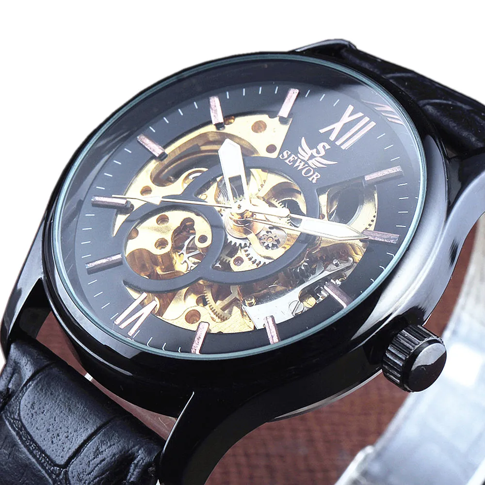 

Top SEWOR Leather Strap Skeleton Men Clock Black Steel Male Business Mechanical Automatic Fashion Military Wrist Watch Best