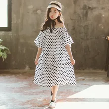 Новинка года, летнее платье свободного кроя в черно-белый горошек с открытыми плечами, Повседневное платье с оборками, детское платье для девочек, детское платье макси,#5187