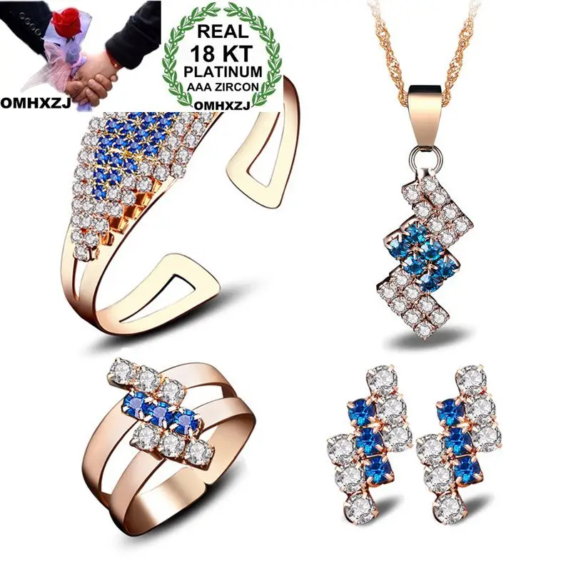 

OMHXZJ Wholesale Personality OL Woman Geometric Zircon 18KT Shallow Yellow Stud Earrings+Ring+Necklace+Bracelet Jewelry Set SE15