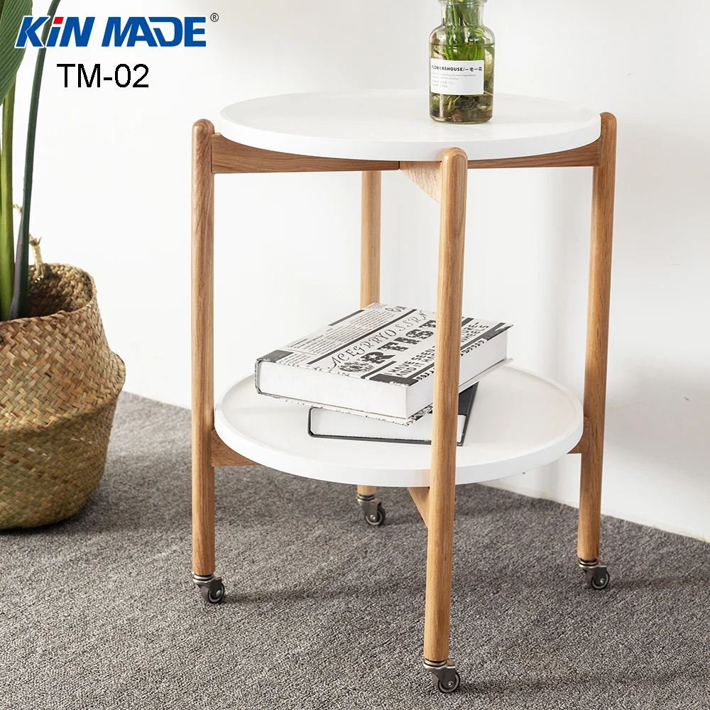 Kinmade الأحمر البلوط نهاية القابلة للإزالة الجدول 2 طبقات عربة تناول الطعام جولة طاولة القهوة غرفة المعيشة متعددة وظيفة عجلة تخزين