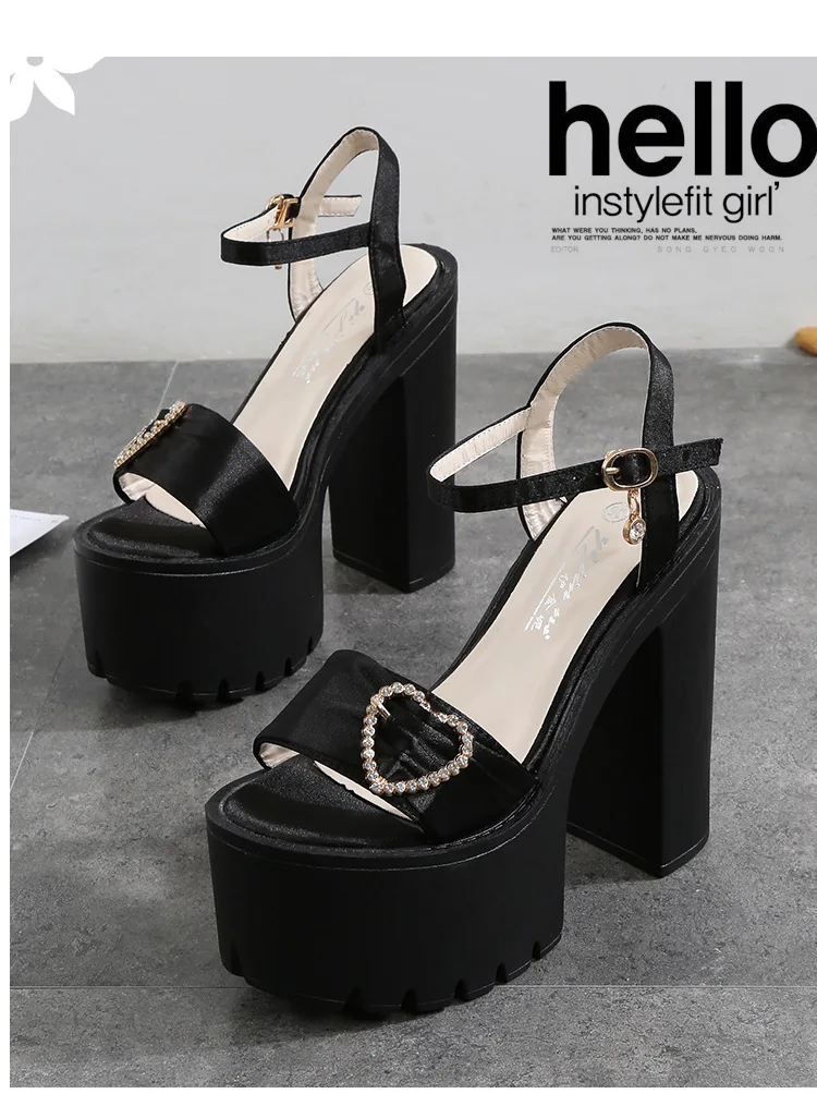 G-sparrow 14CM Comfortable Platform High Heels Thick Buckle Diamond Sandals Female Red Wedding Shoes Summer 2018 New Black39