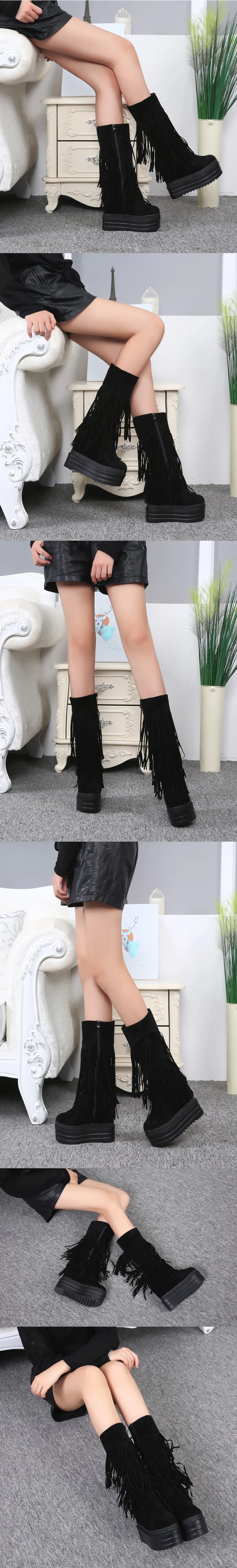 Fashion Womens High Heel Mid Calf Tassel Boots Cheap Black Red Platform Wedge Suede Shoes 2018 Winter14