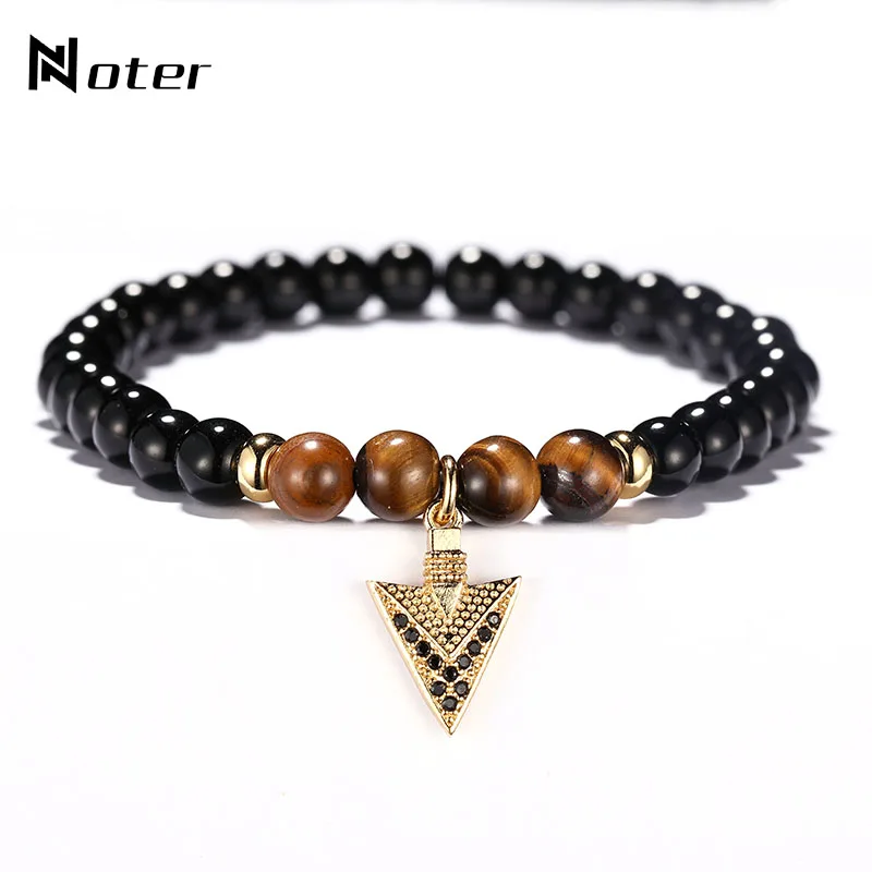 

New Fashion 8mm Obsidian Beads Bracelet Men Charm Tiger eyes Stone Braslet Personalized Arrow Design Pulseras Hombre Jewelry