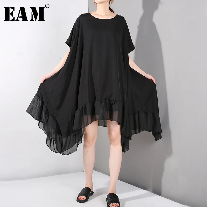 

[EAM] 2019 New Spring Summer Round Neck Short Sleeve Black Irregular Ruffles Loose Big Size Dress Women Fashion Tide 4464