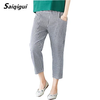 

Saiqigui 2019 spring Summer Women trousers Elastic waist casual loose Calf-Length Cotton Linen pants Vintage Plaid harem pants