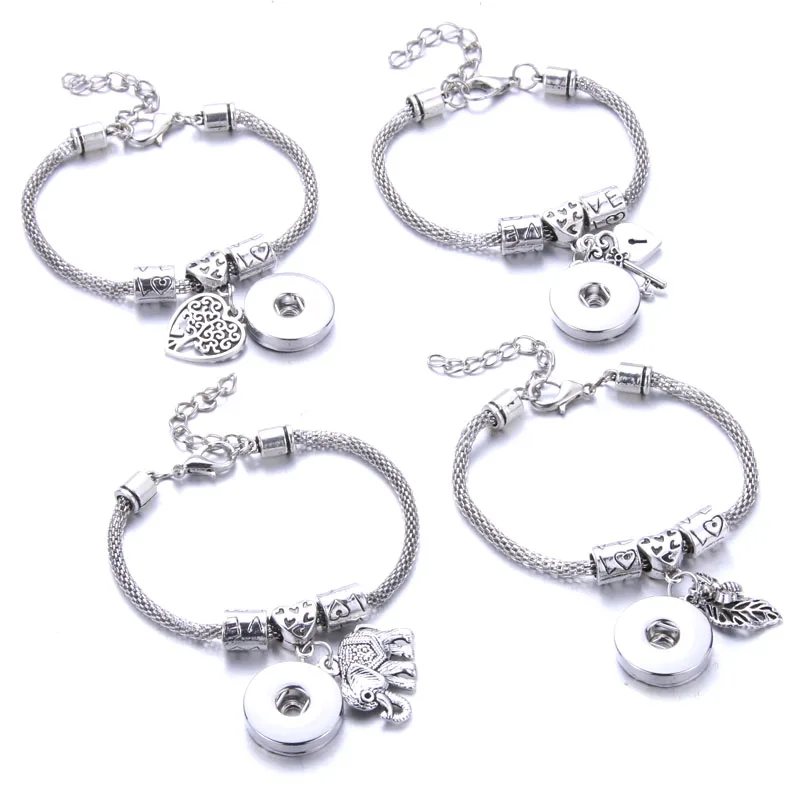 

New Snaps Jewelry 4 Style Silver Lobster Buckle Snake Chain Bangles Beaded Snap Bracelet Fit 18MM Snap Buttons Jewelry 2771