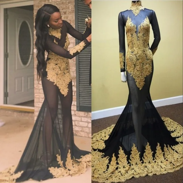 

Sexy Black African Mermaid Prom Dresses 2019 gala jurken Long Sleeve Imported Party Dress Sheer Illusion Black Girls Women Gowns