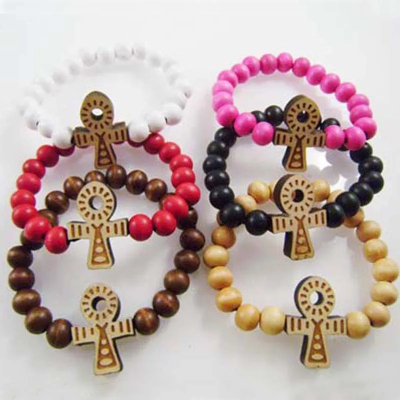 

6PC/Lot Ankh bracklet Coss Colorful GOOD WOOD Beads Boho Beads Long Chain Pendant Wooden bracklets Hip Hop Fashion Jewelry