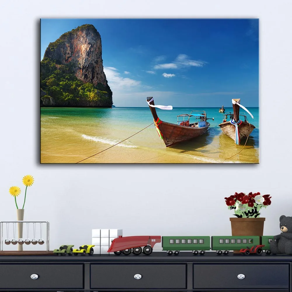 Embelish Tropical Plyaj Lodki Thailand Landscape HD Canvas Oil Paintings For Living Room Wall Art Posters Home Decor Pictures | Дом и сад