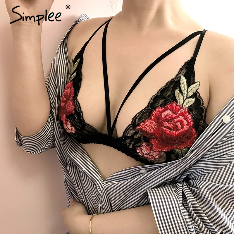 Simplee Белый цветочный вышивка кружева bralette Сексуальное черный треугольник бюстгальтер неприкрытая бюстгальтер Лето клуб спинки intimates белье