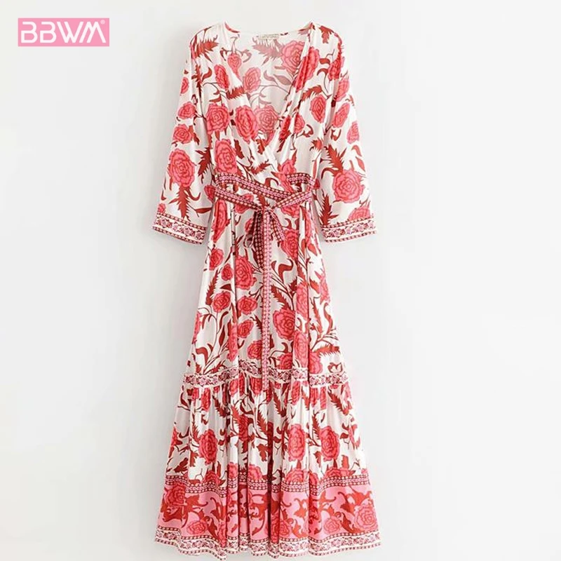 

2019 Summer New V-neck Floral Print Lace-up Waist Long Women's Dress Long-sleeved Ethnic Style Bohemian Leisure Holiday Female