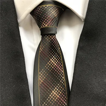 

New Designer Young Men Slim Slender Tie Fashion Party Wedding Necktie Brown with Golden Plaids Luxury Gravata