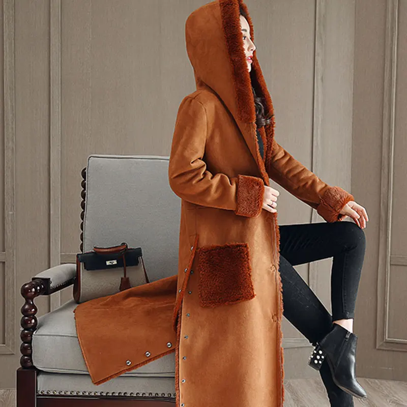 Новинка, зимнее пальто с капюшоном, Женская Повседневная утолщенная теплая хлопковая куртка, верхняя одежда, модное однобортное замшевое пальто из овечьей шерсти 961 - Цвет: caramel