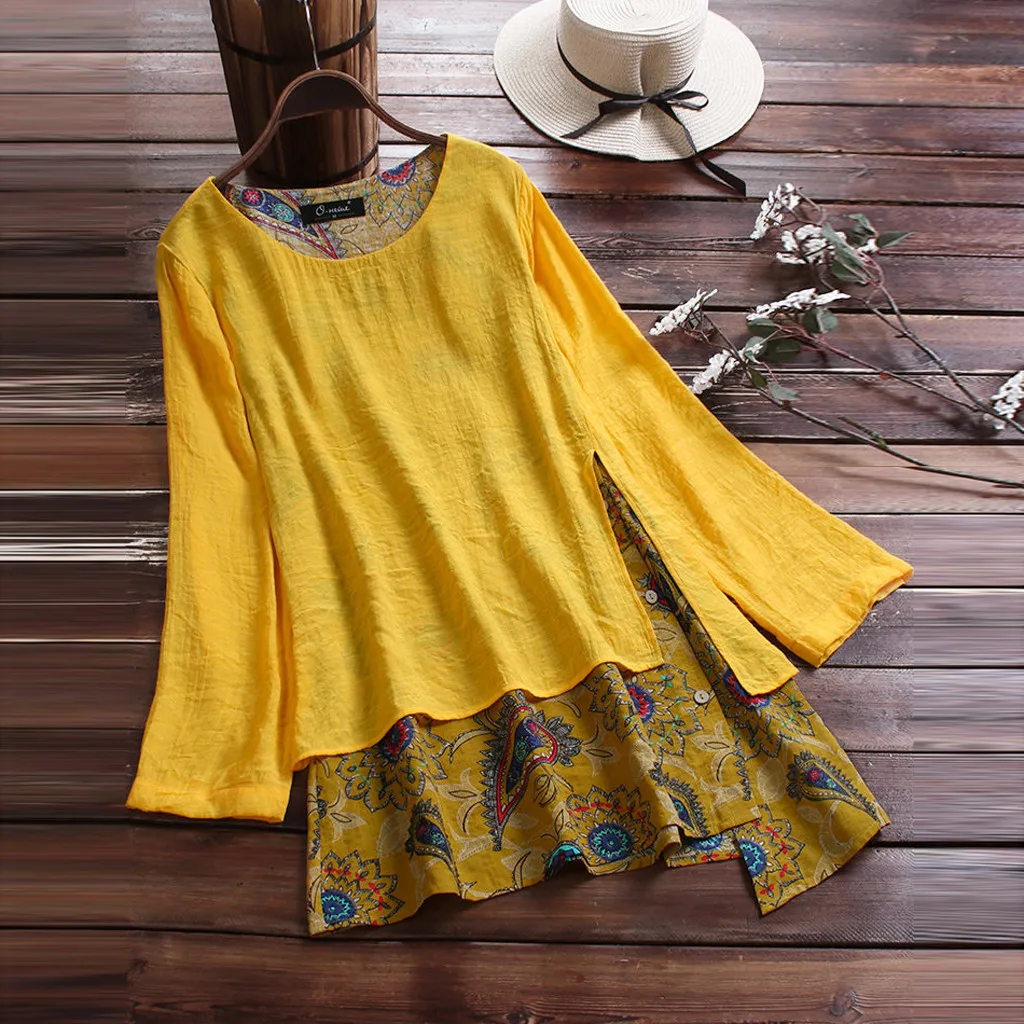 

Blouse-women Vintage Patchwork Irregular Hem Print Plus Size Top Blouse woman shirts casual tunic shirts chemisier femme