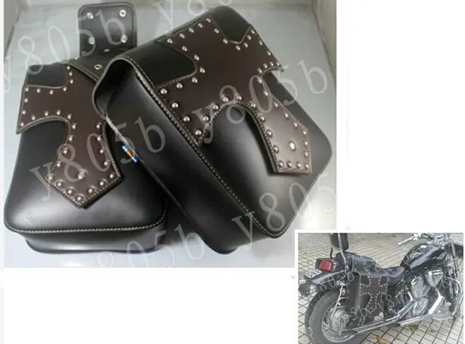 Черная сумка с перекрестными заклепками из искусственной кожи, седельные сумки для Honda Yamaha Suzuki Kawasaki Sport Bobber, Custom Chopper Cruisers Street