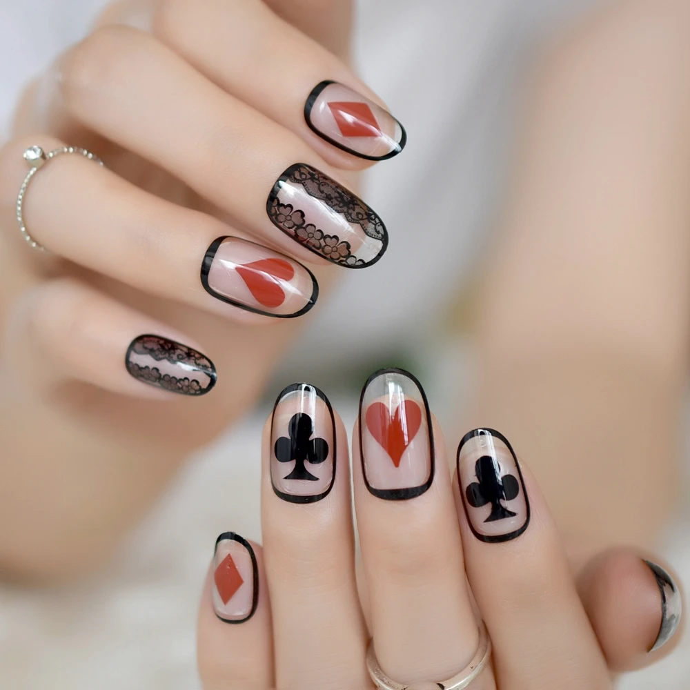 Poker Black Lace Decals False Fake Nails Playing Cards Design Manicure Nail Art Decoration Red Heart Spade Pattern faux ongles