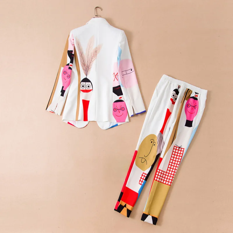 High Quality Designer Runway New Women's Pant Suits Print Office Blazer Top+Pants 2 Piece Set Women Long Sleeve Sets Suit Female