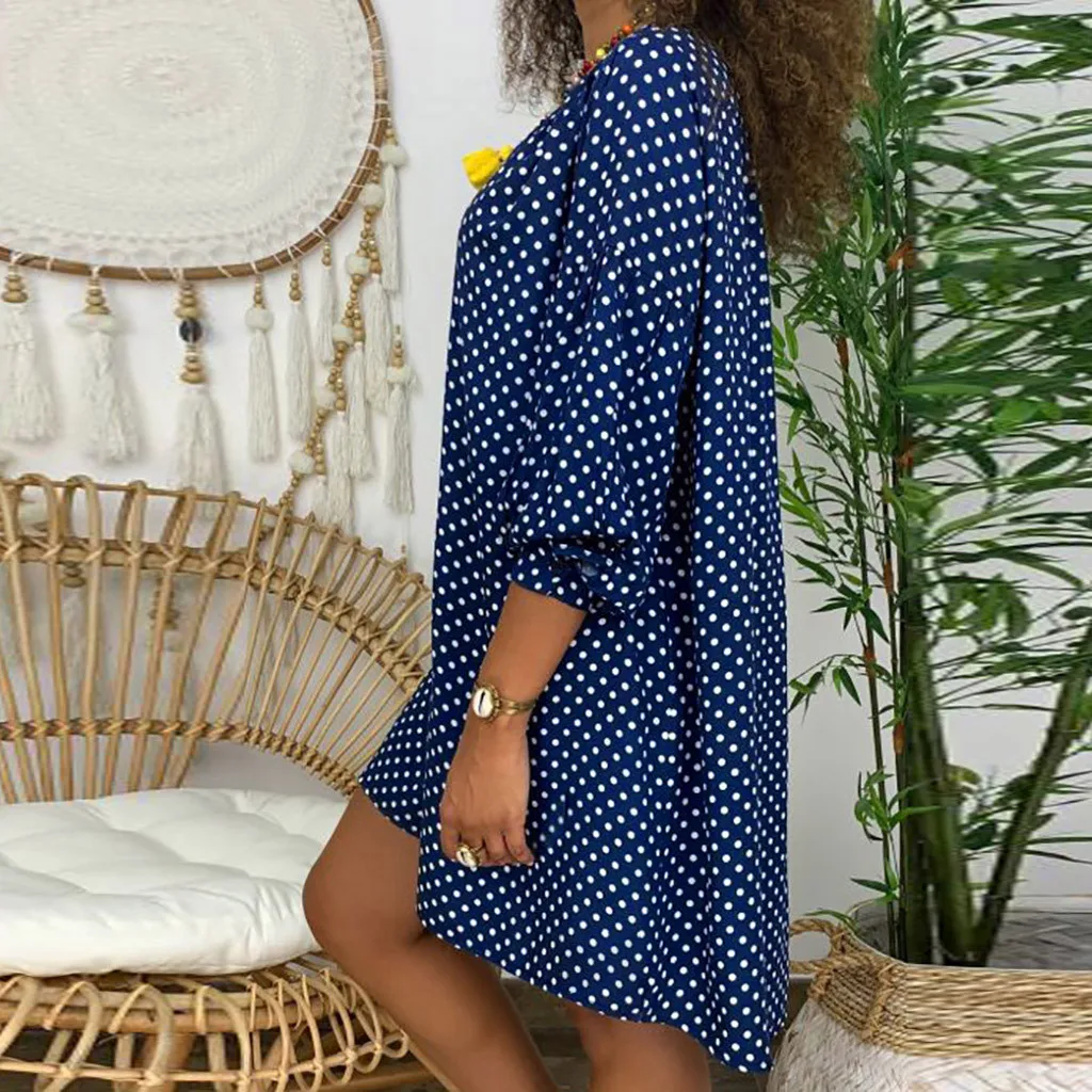 Women Size Loose Polka Dot Long Sleeve V-neck Mini Length Dress plus size dresses for women Dress sukienka robe party dress