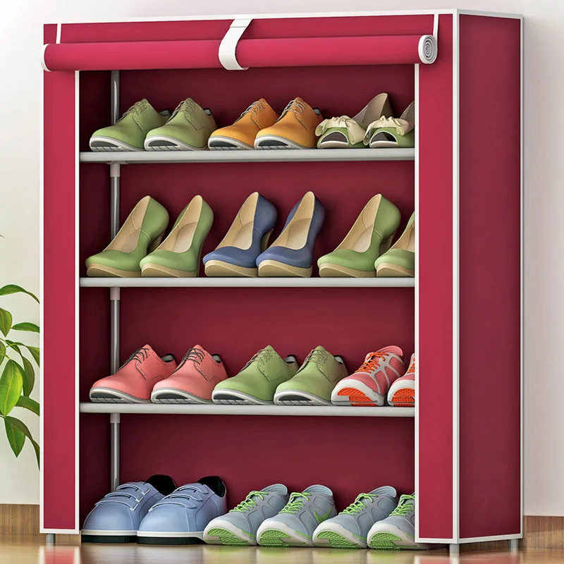 Шкаф для обуви с 4 слоя 3-сетка из нержавеющей стали ткани большой обувной стеллаж Органайзер съемный обувной склад для домашней мебели - Цвет: Бургундия