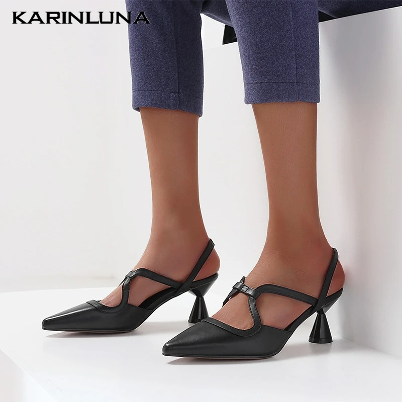 

Karinluna New Fashion Dropship Cow Leather Pointed Toe Summer Sandals Woman Shoes Slip On Strange Style Lady Pumps Woman Shoes