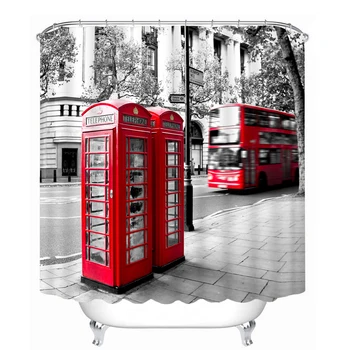 

3D Red Telephone Booth Pattern Shower Curtains Beautiful View Bathroom Curtain Waterproof Thickened Bath Curtain Customizable