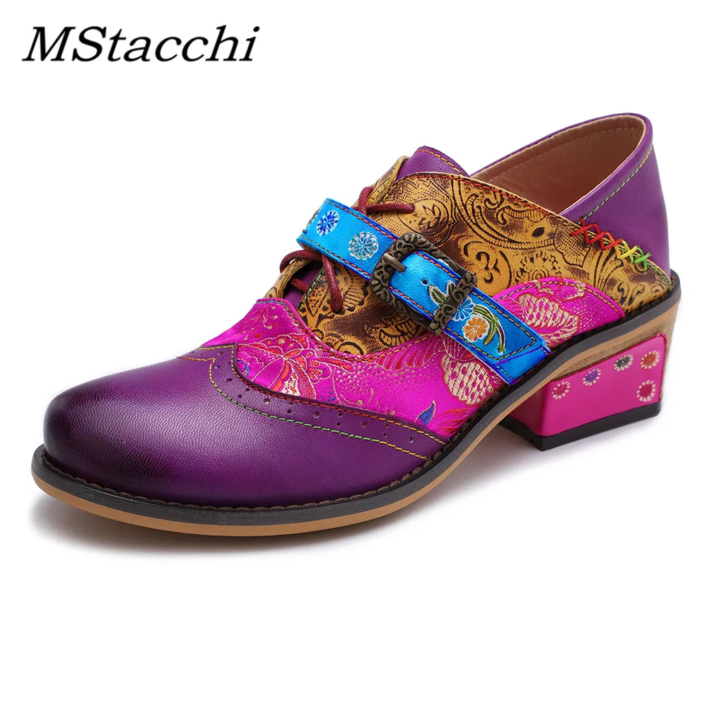 

MStacchi Women Retro Genuine Leather Sheos Woman Buckle Strap Slip-On Vintage Printed Flower Chunky High Heels Zapatos De Mujer