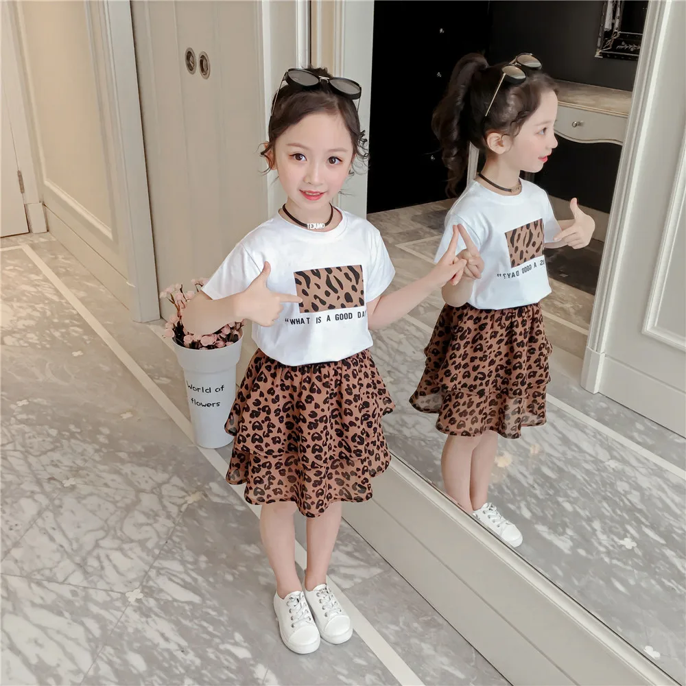 Fashion Children Clothing Set For Girls Clothes 2019 Summer Letter Tshirts Tops Leopard Chiffon Skirt 2Pcs Casual Kids Suit 3-9Y (11)