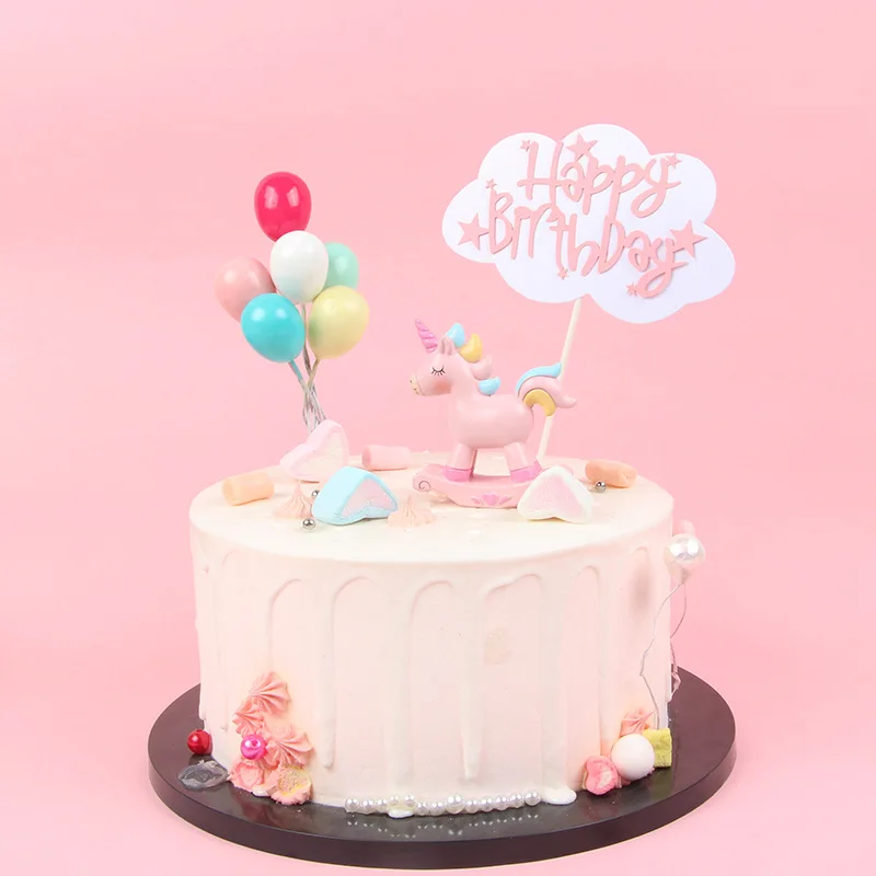 Pink Unicorn Cake Topper Balloons Cake flags Birthday Kids Cake Decoration Cupcake topper for Wedding Dessert Table Cake Decor