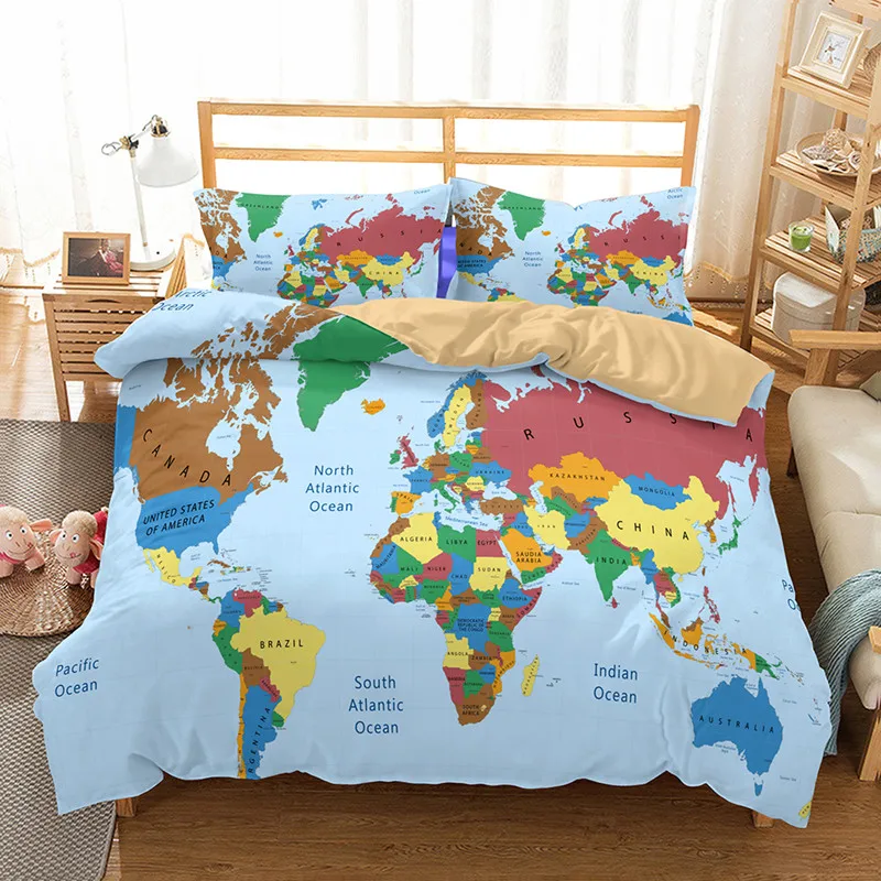 

Yi chu xin World Map Bedding Set blue Printed Bed Duvet Cover with Pillow Covers set bedline AU SIZE 3 Pcs