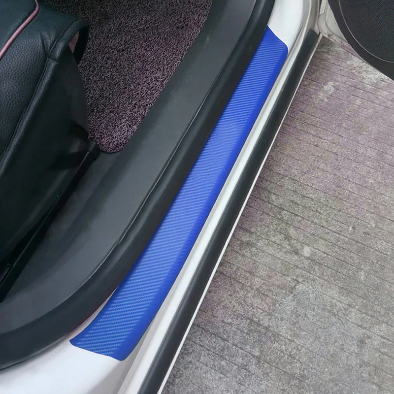 

4D Carbon Fiber Car Door Sill Stickers 4pcs Blue Scuff Plate Cover Protection