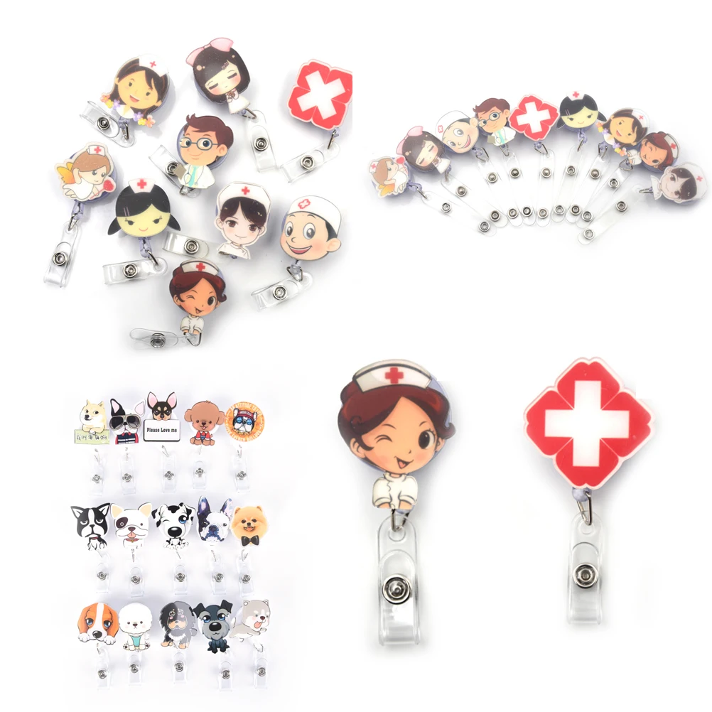 1 pcs Unisex Cute Cartoon Mini Retractable Badge Reel Nurse Lanyards ID Name Card Badge Holder Clip Student Nurse Badge Holder