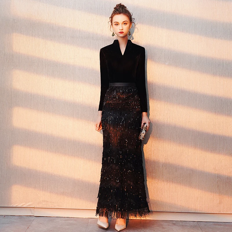 

Robe De Soiree 2019 New Evening Dress Banquet Black Velour with Stripe Floor-length Long Sleeves Prom Party Gowns Dubai LYFY29